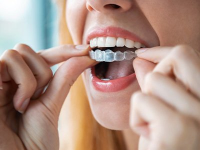 A young woman placing an Invisalign aligner over her teeth