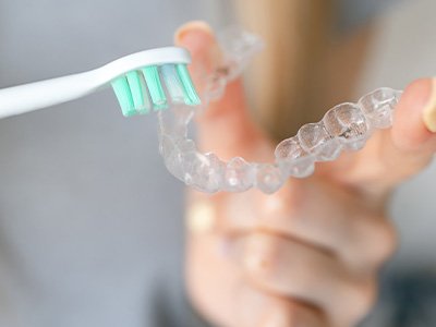 A person brushing their Invisalign aligner with a toothbrush