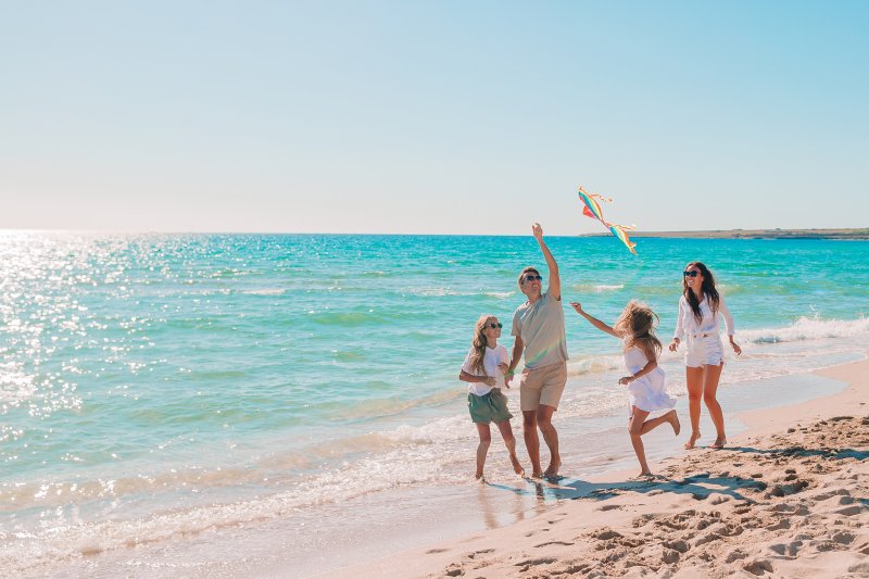 A family flying a kite on a beach